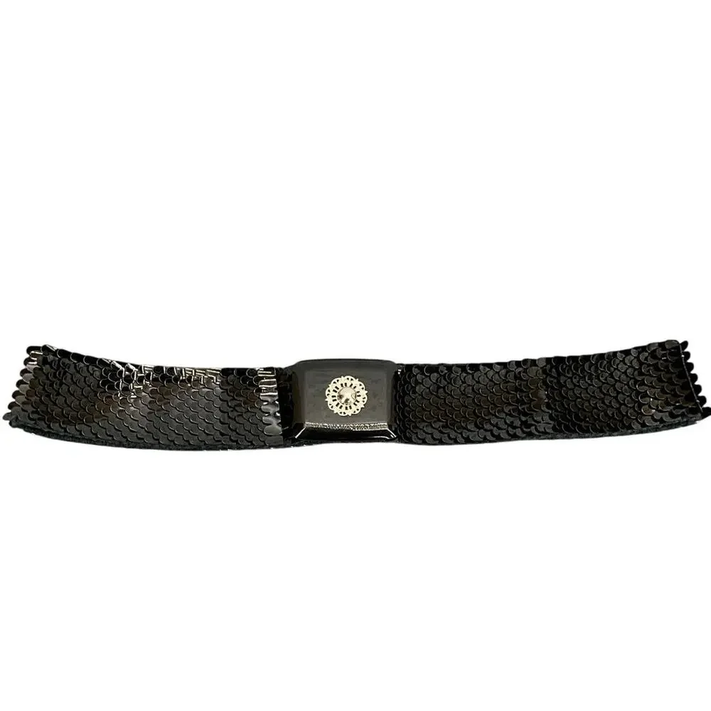Vintage 80s Black Sequin Scaled Stretch Belt Clip Buckle Women Medium 30”-36”